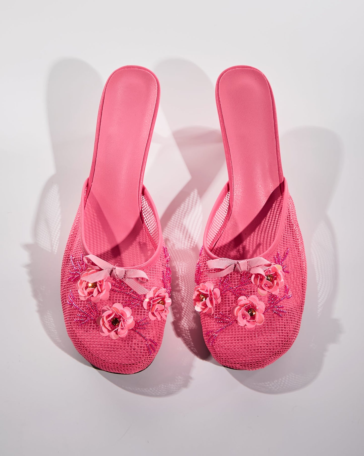 Shine Flower Mesh Slippers In Pink