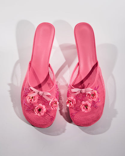 Shine Flower Mesh Slippers In Pink