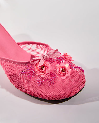 Shine Flower Mesh Slippers In Pink