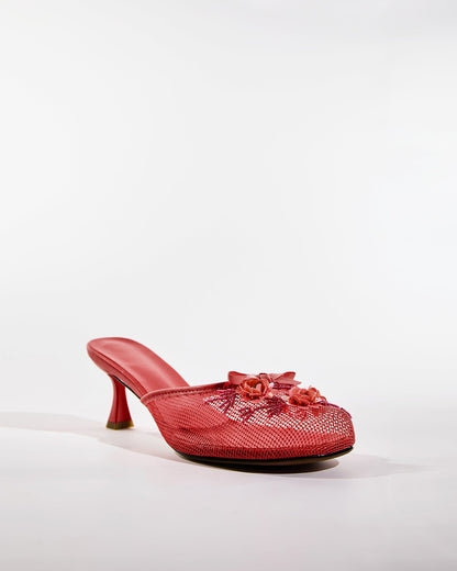 Shine Flower Mesh Slippers In Red