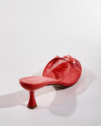 Shine Flower Mesh Slippers In Red
