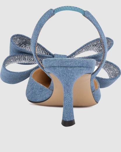 Siena Bow Embellished Denim Slingback Pumps In Blue