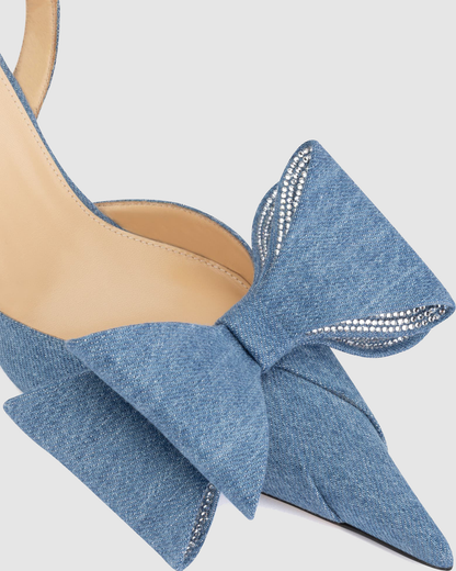 Siena Bow Embellished Denim Slingback Pumps In Blue