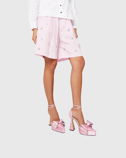 Siena Bow Embellished Satin Strap Pumps In Pink