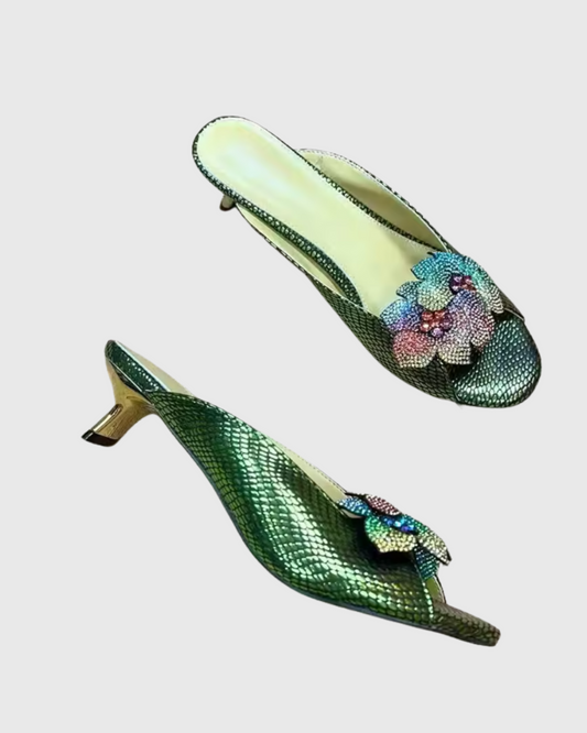 Siria Rhinestone Flower Mules In Green