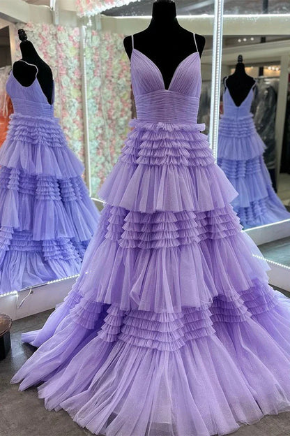 Spaghetti Straps V-Neck Layers Formal Party Prom Dresses