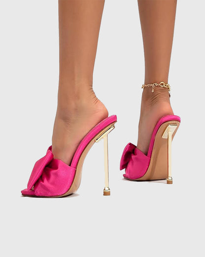 Sofia Bow Satin Slippers In Hot Pink