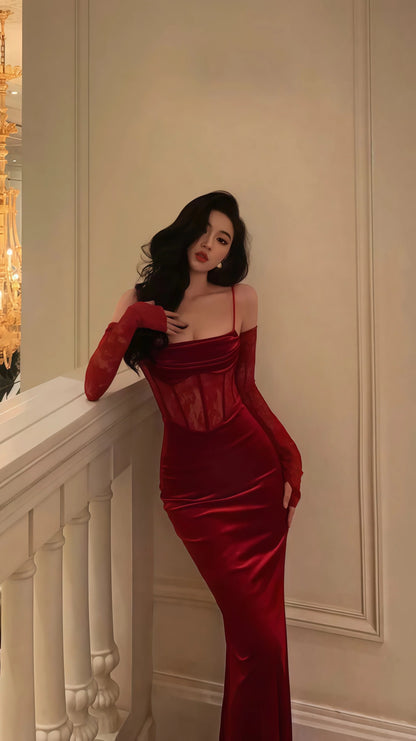 Spaghetti Straps Burgundy Mermaid Prom Dresses, Velvet Lace Evening Party Dress