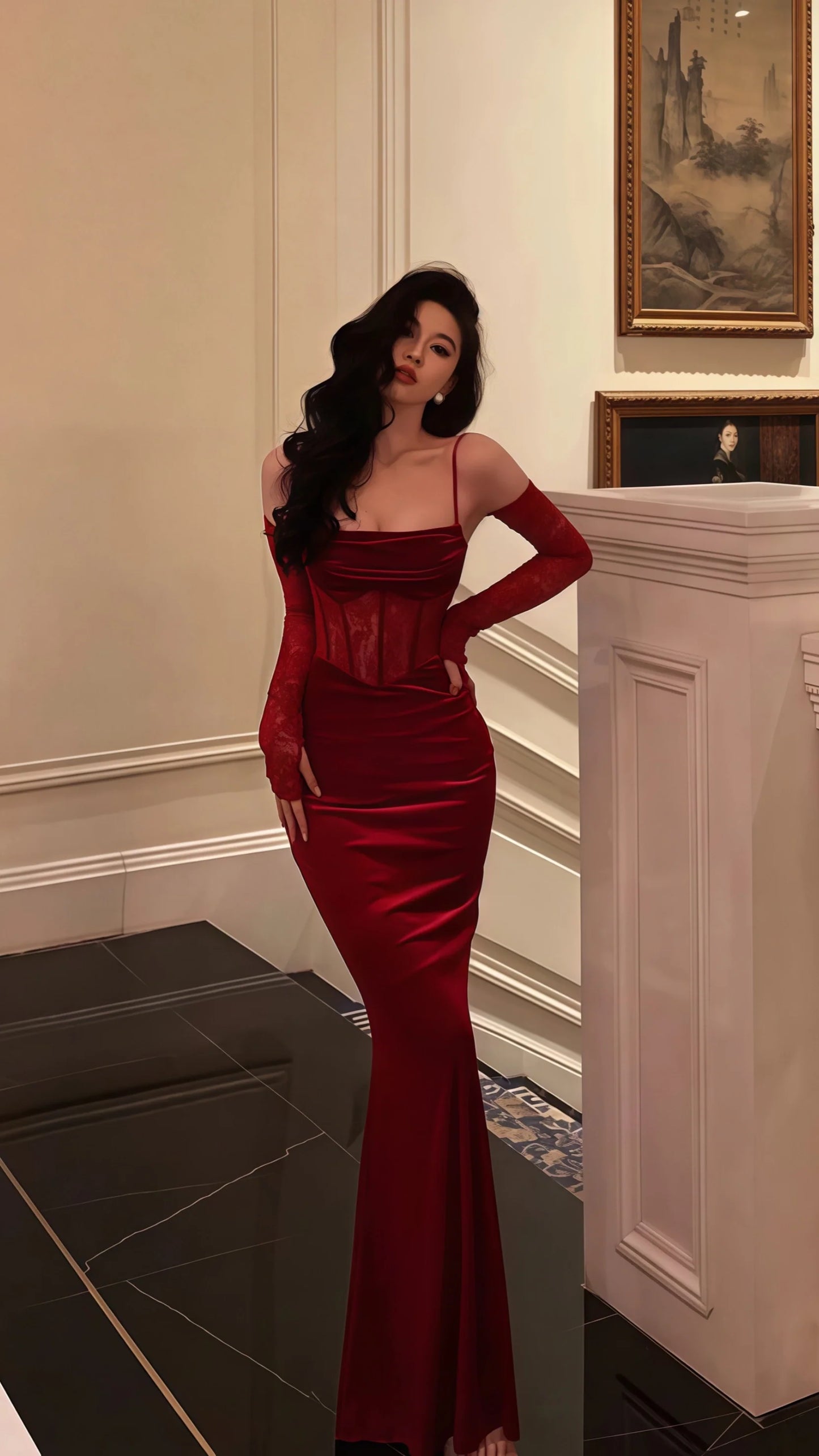 Spaghetti Straps Burgundy Mermaid Prom Dresses, Velvet Lace Evening Party Dress