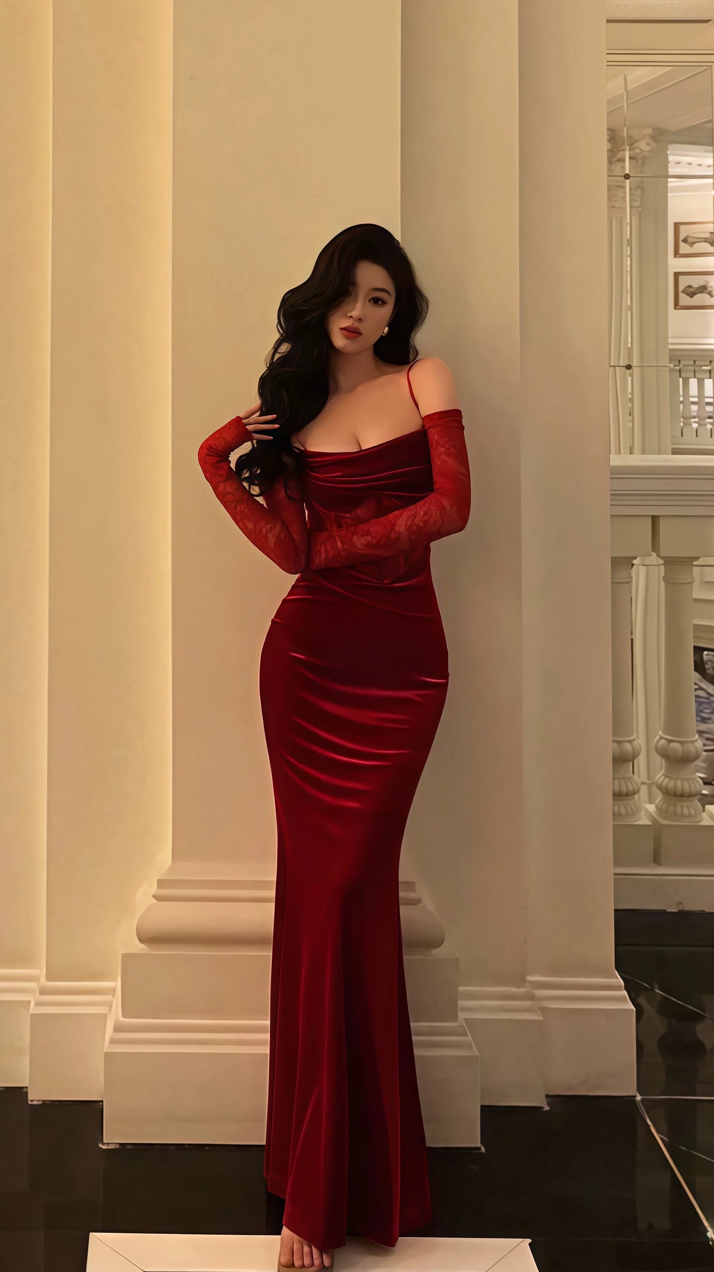 Spaghetti Straps Burgundy Mermaid Prom Dresses, Velvet Lace Evening Party Dress