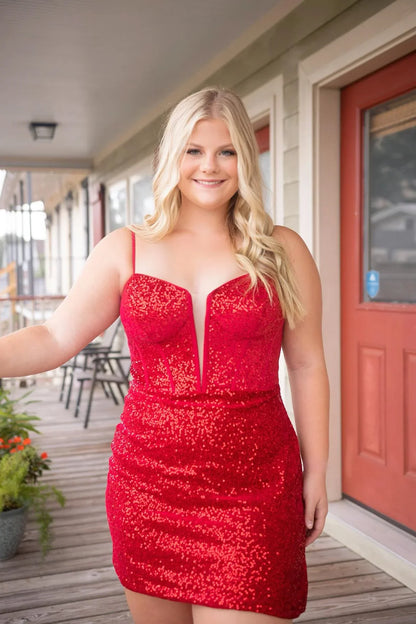 Spaghetti Straps Mini Homecoming Dresses Red Sequin Party Gown