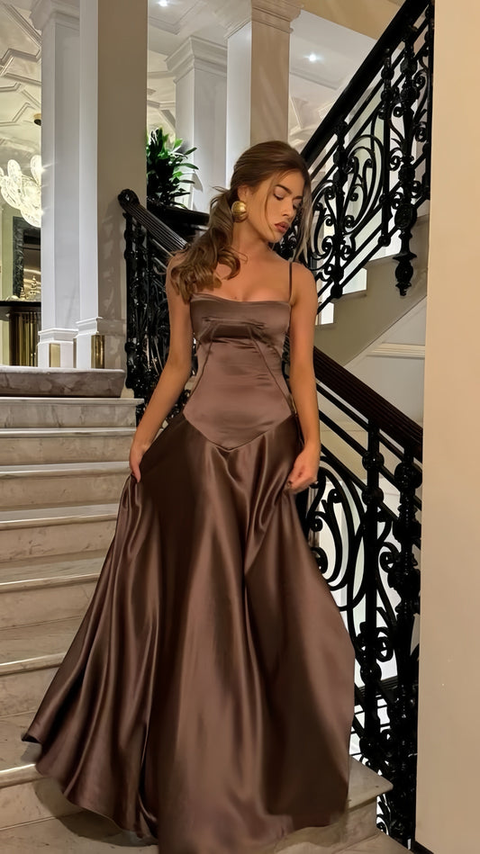 Spaghetti Straps Prom Dress, Brown A-line Evening Dress