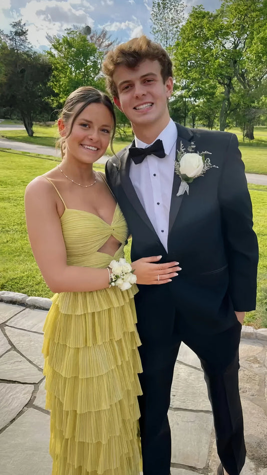 Spaghetti Straps Yellow Tiered Ruffles Long Prom Dress, AST1579