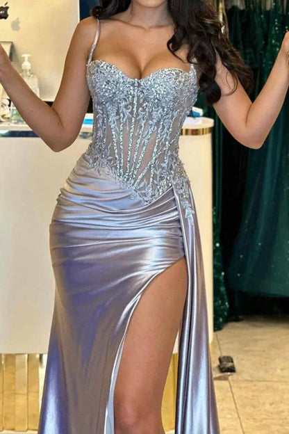 Spaghetti Mermaid Pleated Long Prom Dress Corset Party Dress Wp461