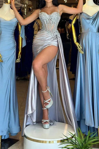 Spaghetti Mermaid Pleated Long Prom Dress Corset Party Dress Wp461