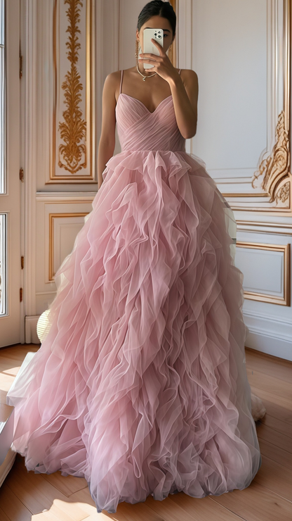 Spaghetti Straps Pink Ruffle Party Dress