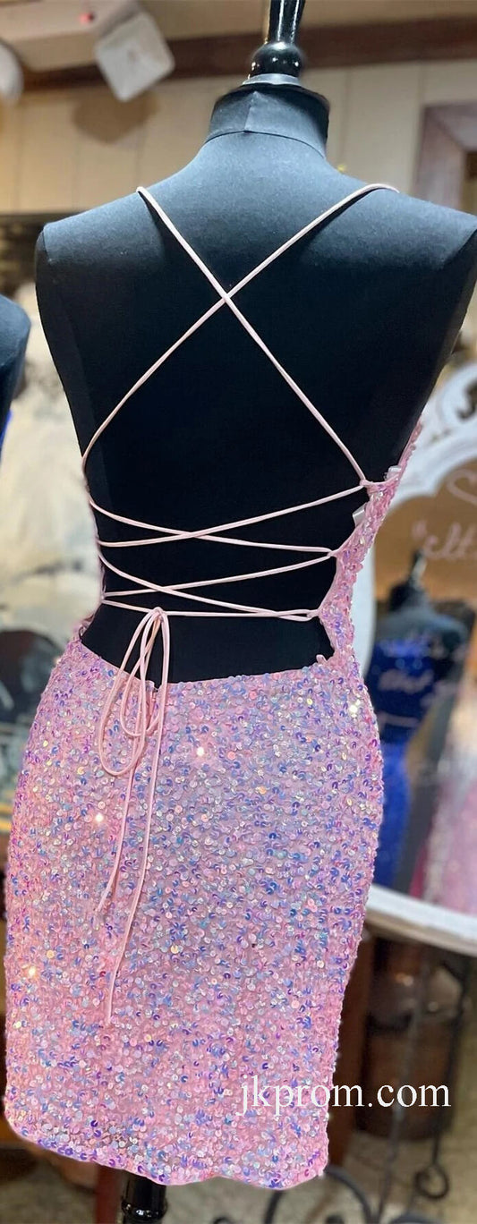 Spaghetti Straps Fitted Short Homecoming Dress,Sexy Pink Cocktail Dresses Wedding Guest