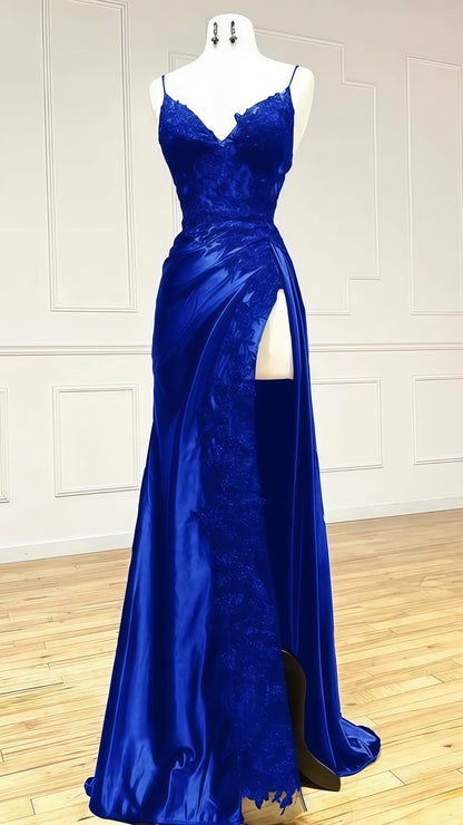Spaghetti Straps V-neck Prom Dress, Appliques Evening Party Dress