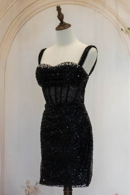 Sparkly Black Straps Short Tight Homecoming Dress with Sequin