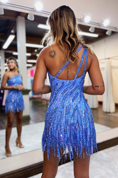 Sparkly One Shoulder Sequin Homecoming Dress with Tight Fit and Fringe Hem
