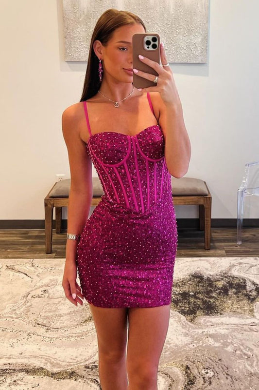 Sparkly Bodycon Homecoming Dress with Spaghetti Straps and Beaded Details