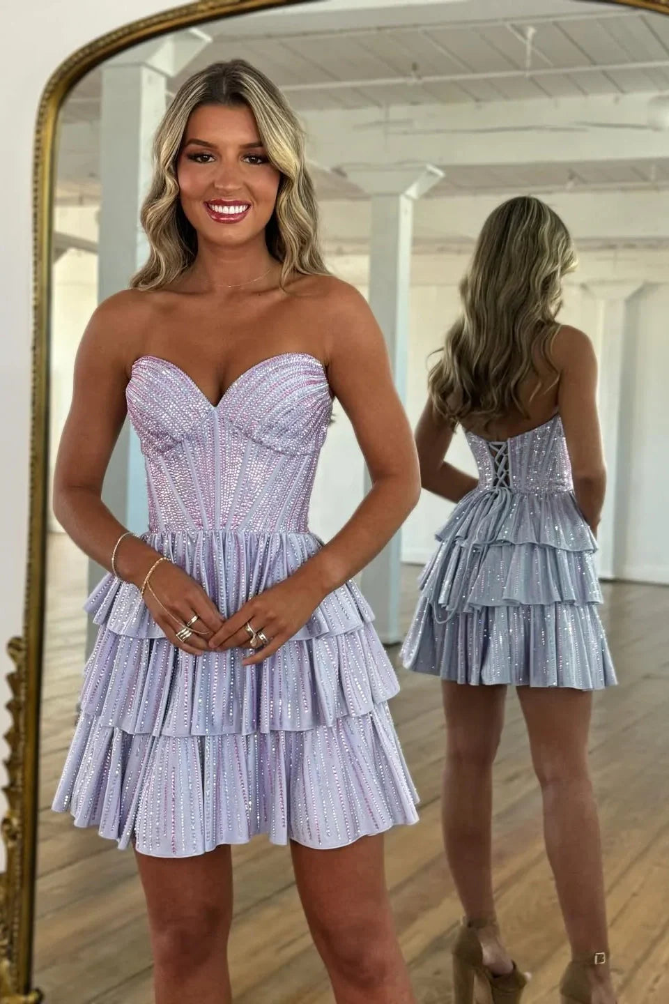 Gorgeous A-Line Silhouette with Sweetheart Neckline and Tiered Beaded Skirt Homecoming Dress