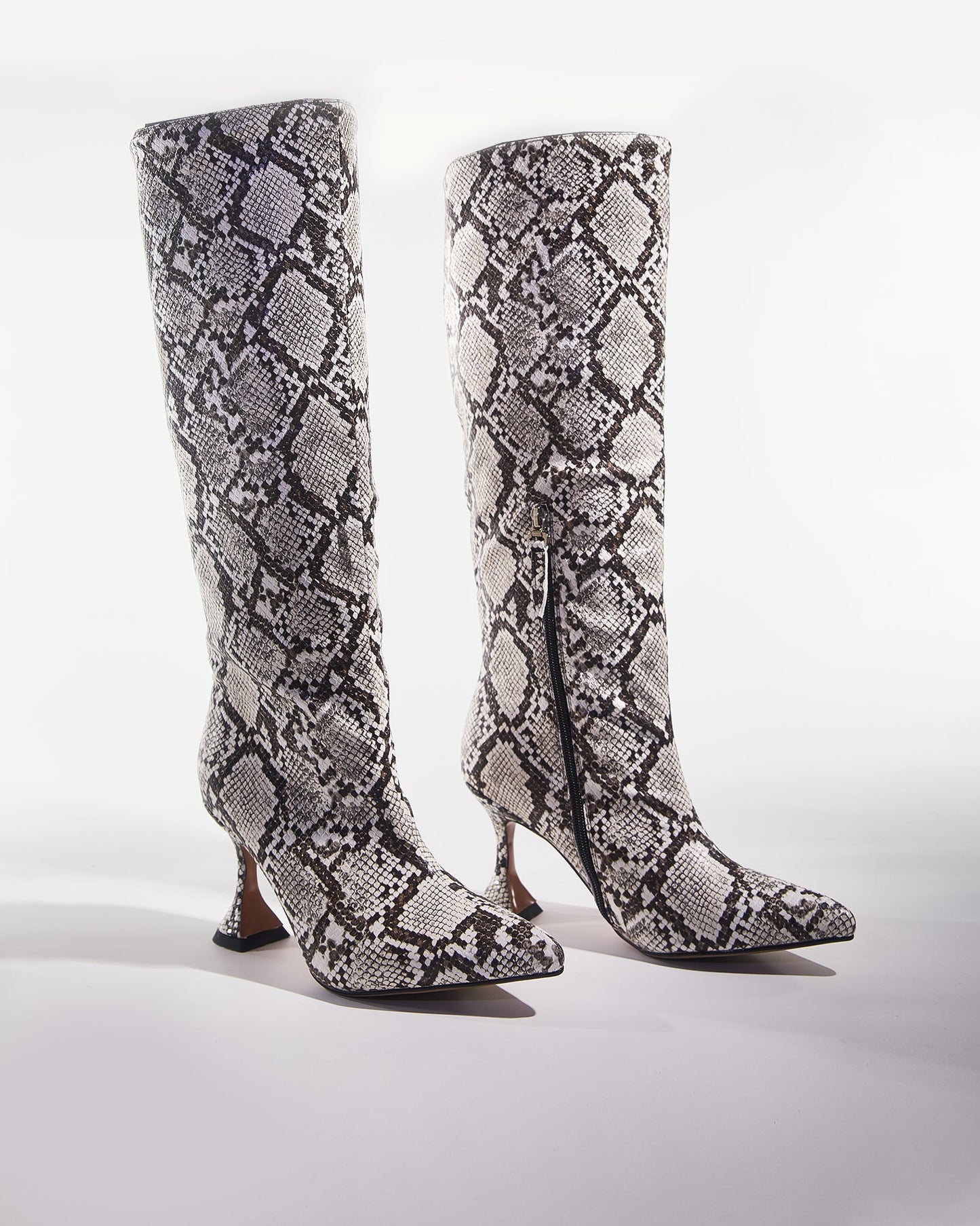 Story Snake Print Flared Heels In Grey