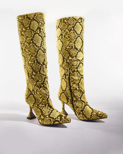 Story Snake Print Flared Heels In Yellow