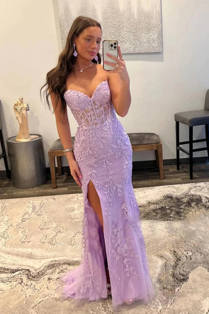 Strapless Corset Lace Long Prom Dress With Slit,WQ122