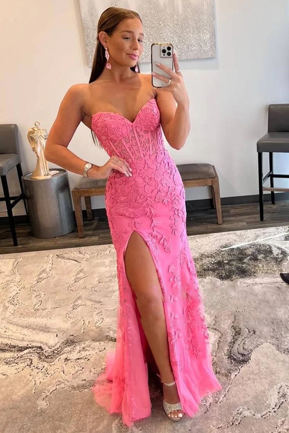Strapless Corset Lace Long Prom Dress With Slit,WQ122