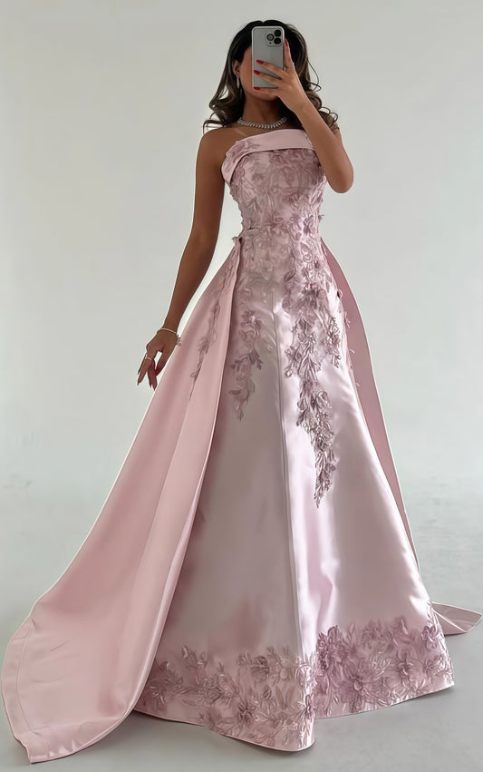 Strapless Pink Appliques Prom Dress, A-Line Sleeveless Evening Gown