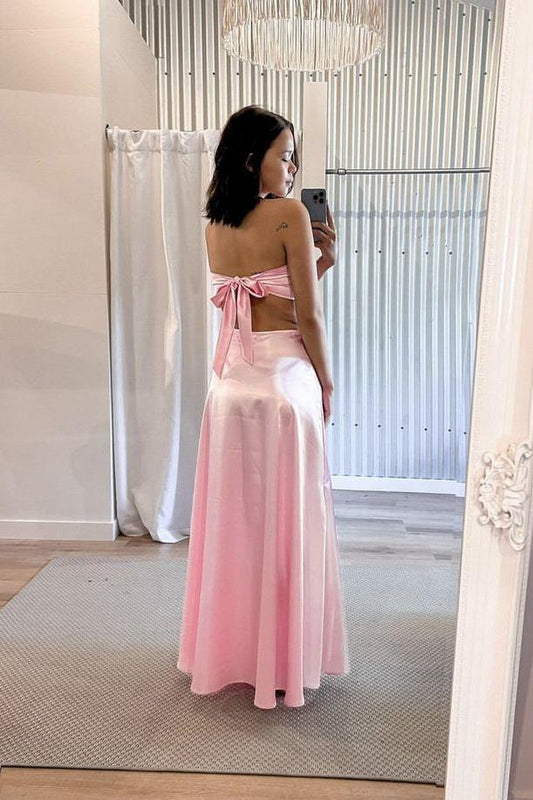 Strapless Pink Back Tie A-line Formal Dress Stylish Party Dresses