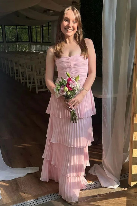 Strapless Pink Pleated Tiered A-line Long Dress Formal Gown