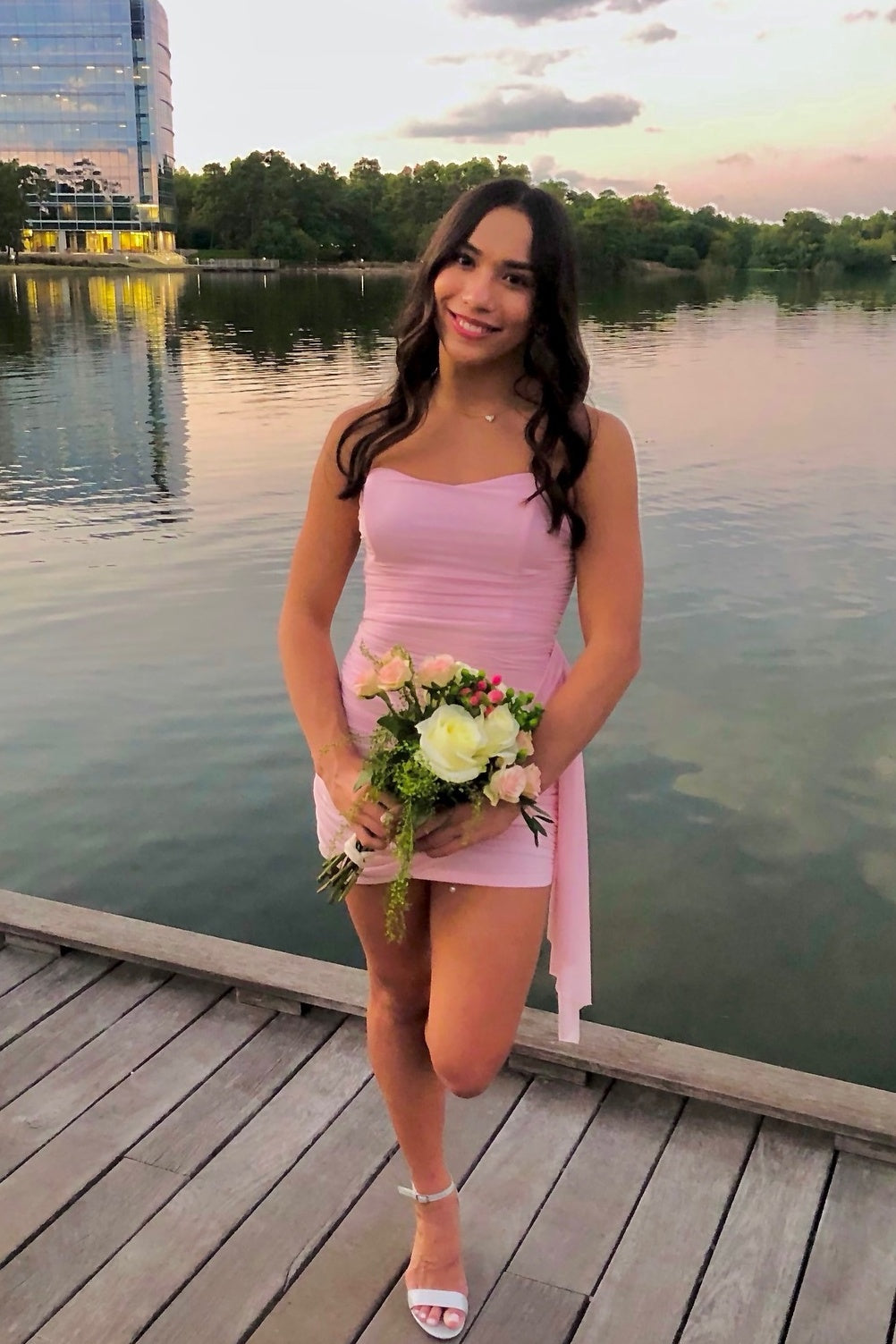 Pink Ruched Bodycon Short Dress with Shawl Homecoming Dresses Tight