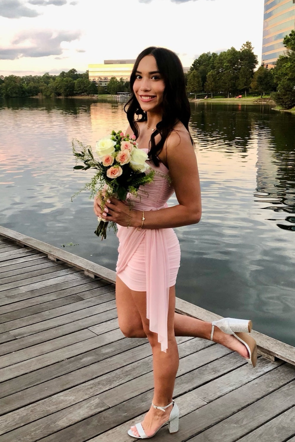 Pink Ruched Bodycon Short Dress with Shawl Homecoming Dresses Tight