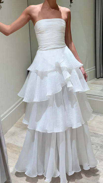Strapless White Pleated Layers Long Prom Dress Sleeveless Evening Gown