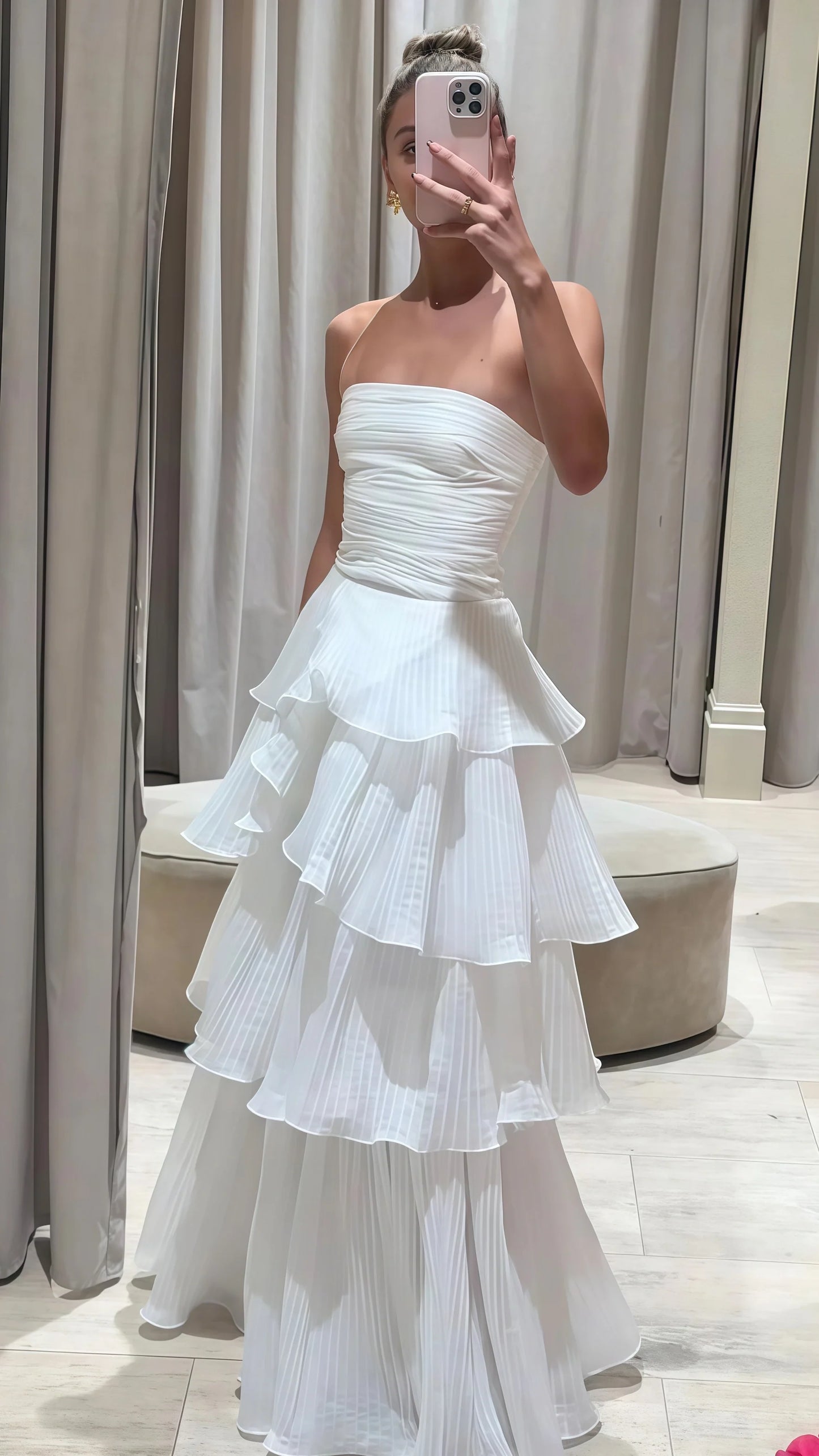 Strapless White Pleated Layers Long Prom Dress Sleeveless Evening Gown