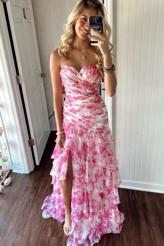 Elegant Floral Printed Tiered Long Formal Dress with Slit