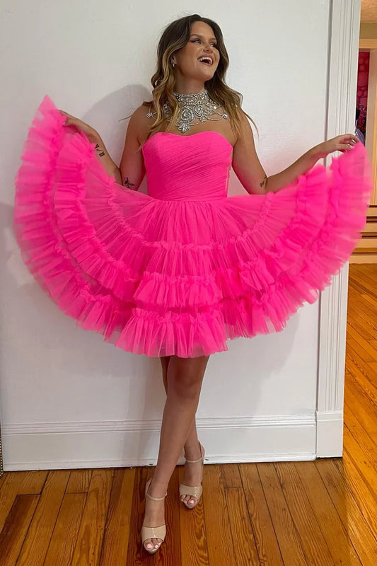 Strapless A-Line Tulle Homecoming Dresses With Ruffle Skirt