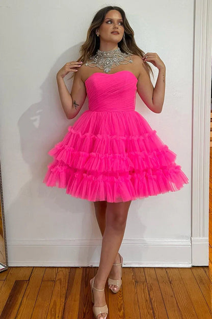 Strapless A-Line Tulle Homecoming Dresses With Ruffle Skirt