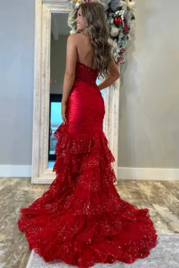 Strapless Mermaid Red Corset Long Prom Dress Sparkly Party Dress Wp460