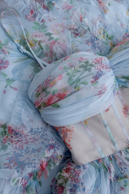 Pretty Straps Blue Floral Print Ruched Long Formal Evening Dresses