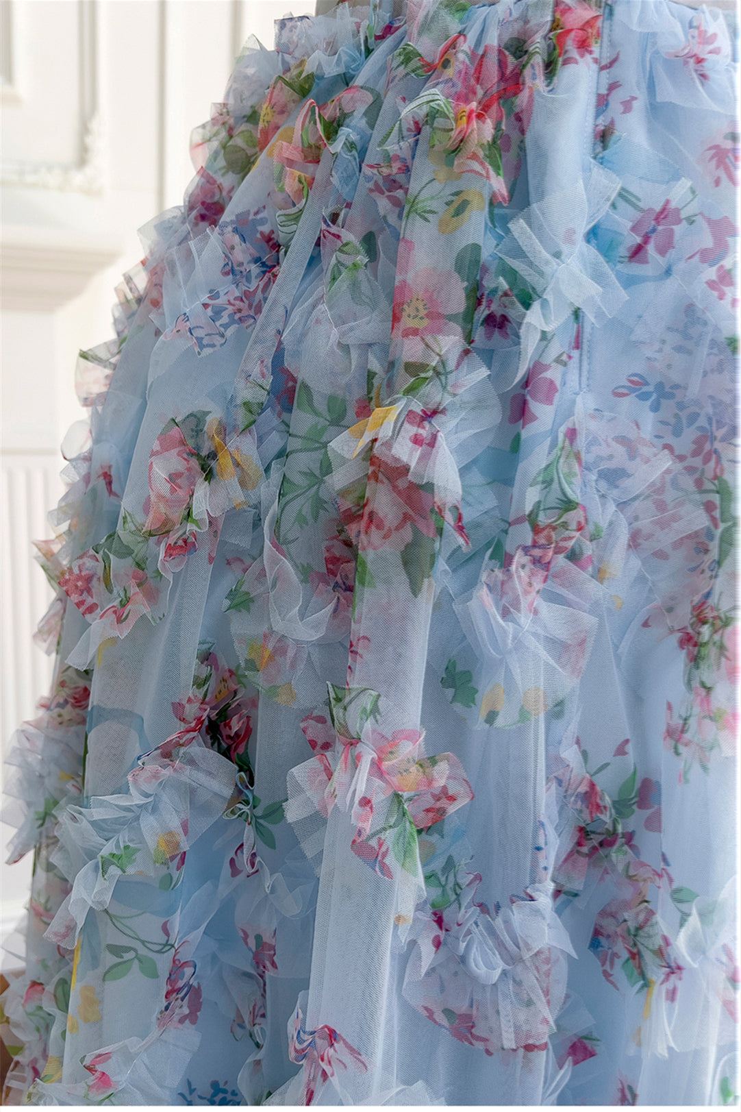 Pretty Straps Blue Floral Print Ruched Long Formal Evening Dresses