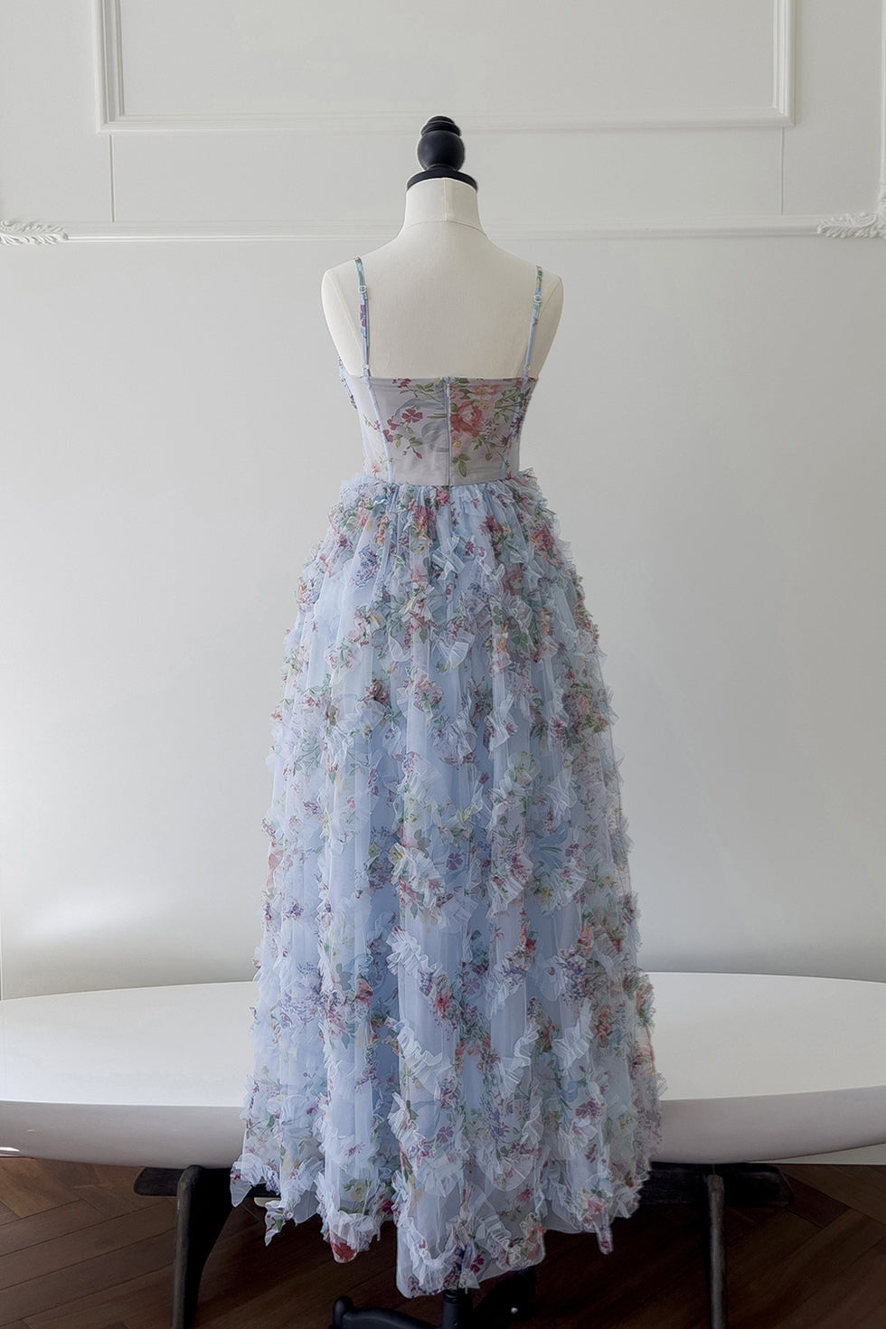 Pretty Straps Blue Floral Print Ruched Long Formal Evening Dresses