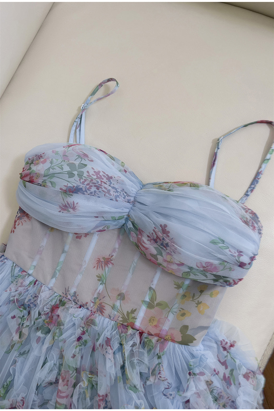 Pretty Straps Blue Floral Print Ruched Long Formal Evening Dresses