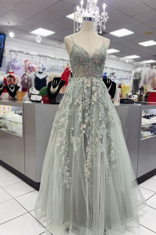 Straps Gray Lace Appliques Long Dress for Formal Occasion