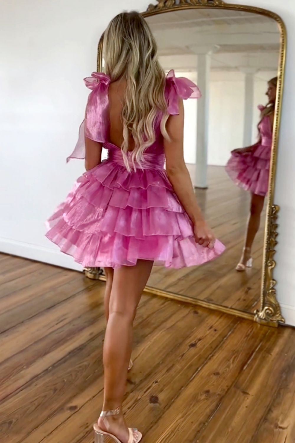 Stunning A-Line Silhouette with Deep V-Neck and Tiered Satin Skirt Homecoming Dress