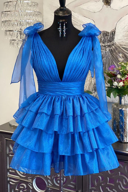 Stunning A-Line Silhouette with Deep V-Neck and Tiered Satin Skirt Homecoming Dress