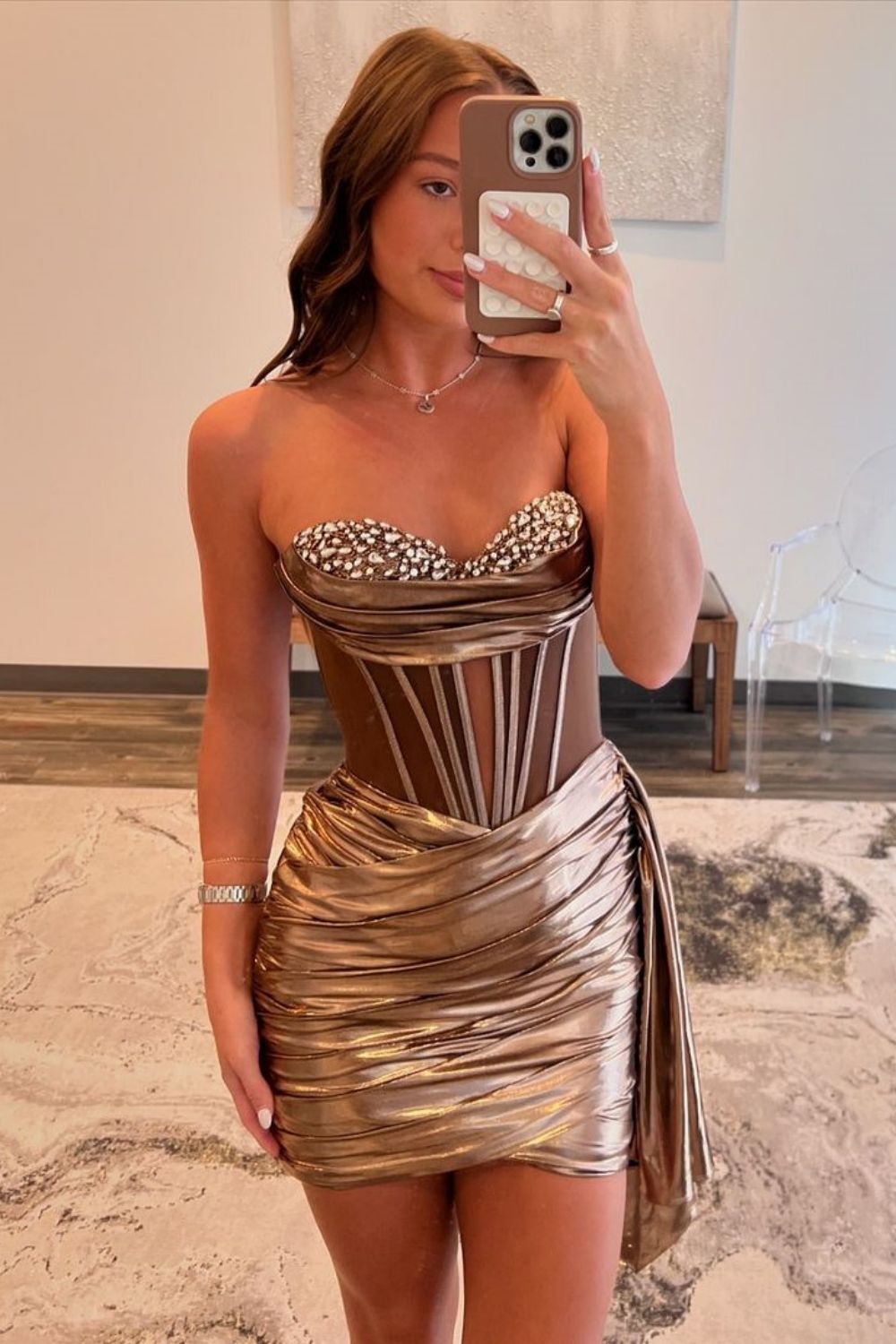 Stylish Gold Sweetheart Bodycon Short Metallic Dress with Beading Homecoming Dress