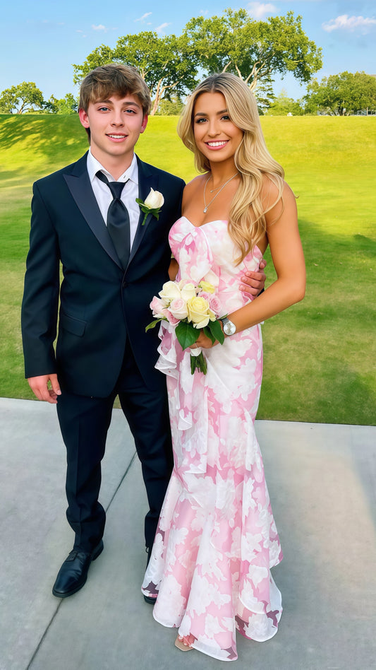 Sweetheart Mermaid Pink White Floral Evening Prom Dresses,AST1659